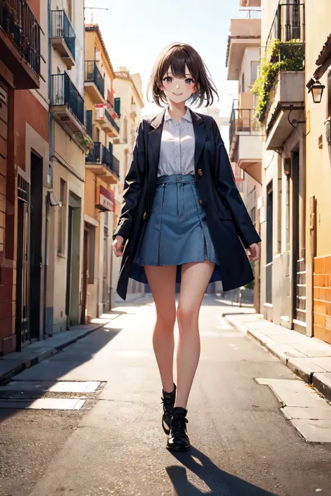   Highest Image 、  top quality、  top quality、 Cinematic Lighting、 A girl walks through a residential area in Barcelona、smile、 full body