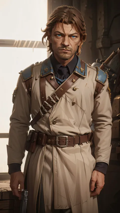 professional photo of young Sean Bean in simple brown empire travel uniform with rank insignia on arms, bullet bandolier, 8k, sharp, KTemplar, perfect eyes, upper body shot low lighting, moody, large depth of field, warhammer 40k, deep depth of field, hig...