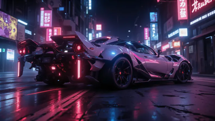 In the world of Warframe, Johanna de Armas emerges as a car form encased in a neon genesis evangelion style the retro futuristic cars is driving along the road
a car , bathed in neon lights that cast dramatic shadows, emphasizing the off-center compositi...