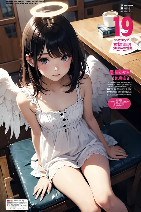 masterpiece, 1girl ,Age 15,petites,pale skin, bangs,Angel、magazine cover,wing,halo