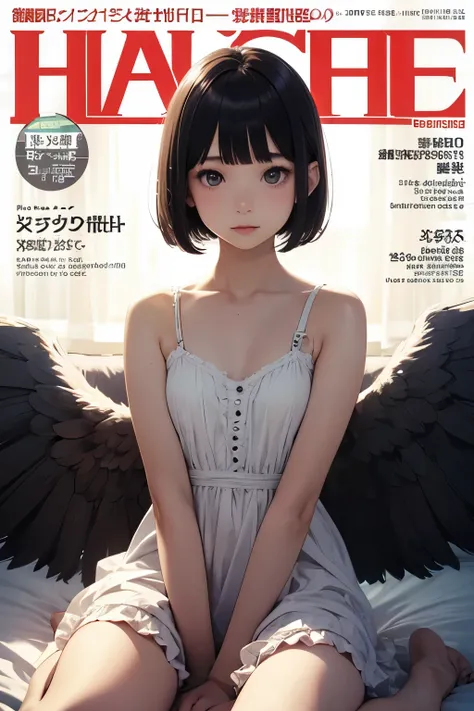 masterpiece, 1girl ,Age 15,petites,pale skin, bangs,Angel、magazine cover,wing,halo,bob cut