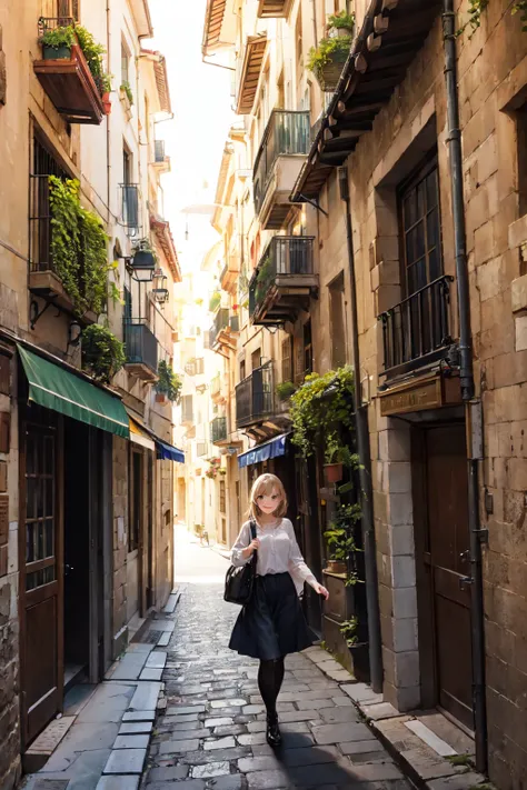   Highest Image 、  top quality、  Cinematic Lighting、 there is a narrow street with a building and a balcony, gothic quarter, in Barcelona, narrow and winding cozy streets, green alleys, in a city with a rich history, alleys, barcelona, spanish alleyway, th...