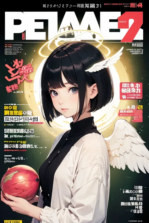 masterpiece, 1girl ,Age 15,petites,pale skin, bangs,Angel、magazine cover,wing,halo,bob cut