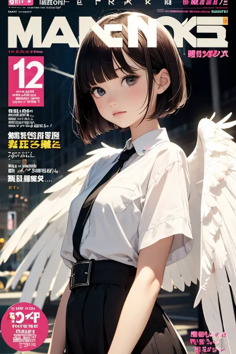 masterpiece, 1girl ,Age 15,petites,pale skin, bangs,Angel、magazine cover,wing,halo,bob cut