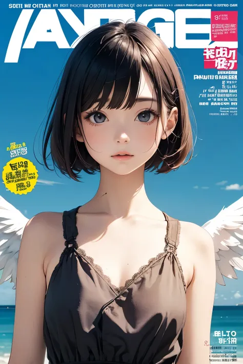 masterpiece, 1girl ,Age 15,petites,pale skin, bangs,Angel、magazine cover,wing,halo,bob cut