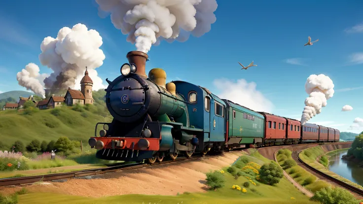 
"A countryside train track cutting through rolling green hills with colorful flowers and windmills in the distance. A blue steam train with a big smiling face chugs along the track, puffing out fluffy white smoke. The train cars are filled with happy pass...