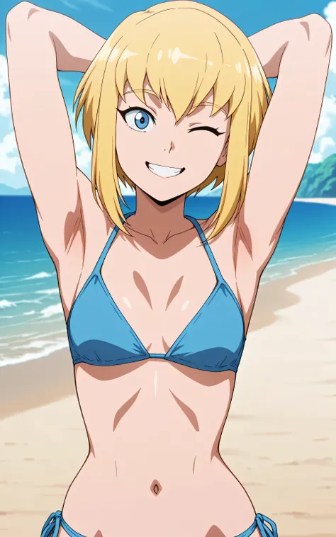 masterpiece, best quality, amazing quality, anime screencap, 1girl, solo, karazorel, blonde hair, blue eyes, short hair, blue bikini, side tie bikini, bare shoulders, bare arms, arms behind head, armpits, head towards viewer, looking at viewer, smile, teet...