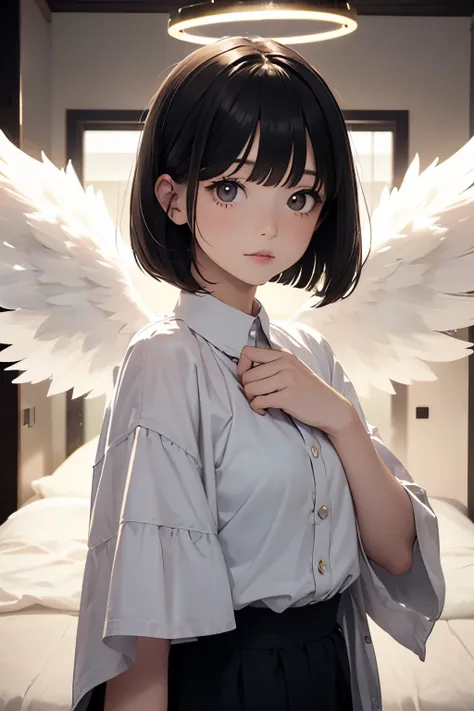 masterpiece, 1girl ,Age 15,petites,pale skin, bangs,Angel,wing,halo,bob cut、Halo