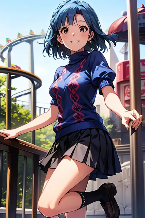 yuriko nanao (million live), best quality , Masterpiece, 8k, high resolution, Ultra Details, madeon, blue sweater, argyle sweater, puffy sleeves, short sleeves, pleated skirt, gray skirt, black socks, loafers, smile, have fun, in the amusement park,