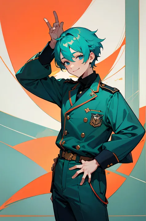 masterpiece,high quality,
looking at viewer,smile,
kamillebidan,1boy,
short hair,aqua hair,blue eyes,
military uniform,jacket,turtleneck,
pants,