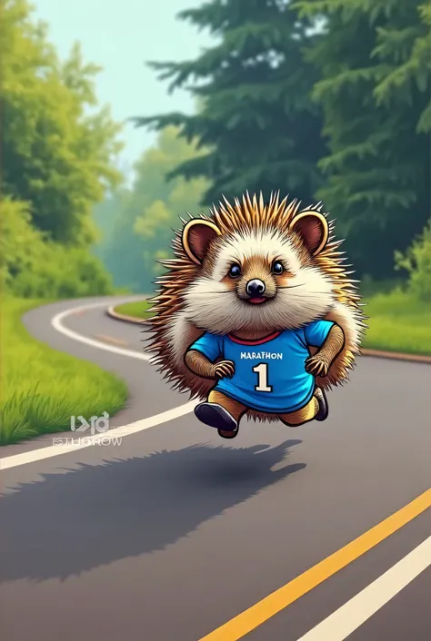 a vector drawing of a hedgehog running in a race, wearing a blue shirt of a maraton with the number 1