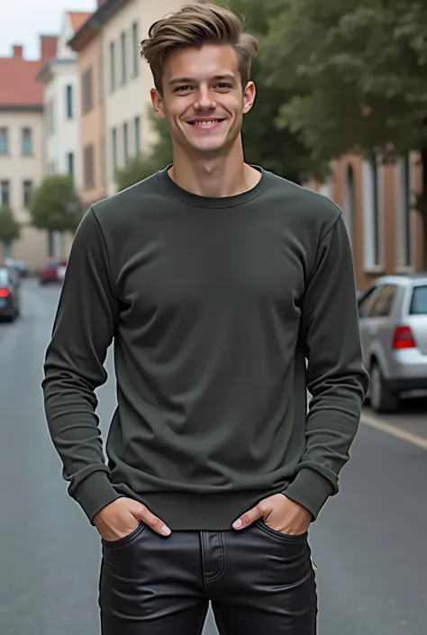  Realistic close-up photo , in which you can see the face , wearing a long sleeve t-shirt, 18 years old, young, leather pants, stands with his arms crossed, looking at camera, smiling, forest background