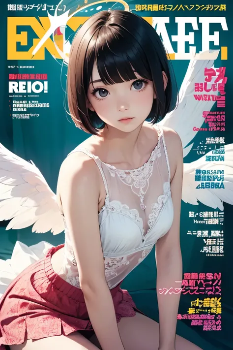 masterpiece, 1girl ,Age 15,petites,pale skin, bangs,Angel,wing,halo,bob cut、magazine cover