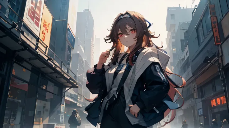 Create a wallpaper of a city with the character Hu Tao in a casual Cyberpunk style clothing style , Improve your eyes detail everything you can