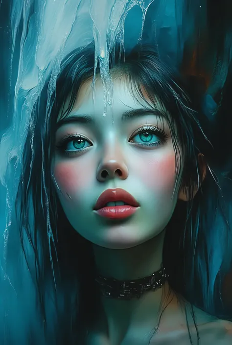 mesmerizing digital illustration inspired by Loish, depicting a closep of a woman´s face beneath a waterfall, water flowing down her face and hair, cool and soothing color palette, her expression peaceful, illuminated by soft ambient light, a dreamlike and...