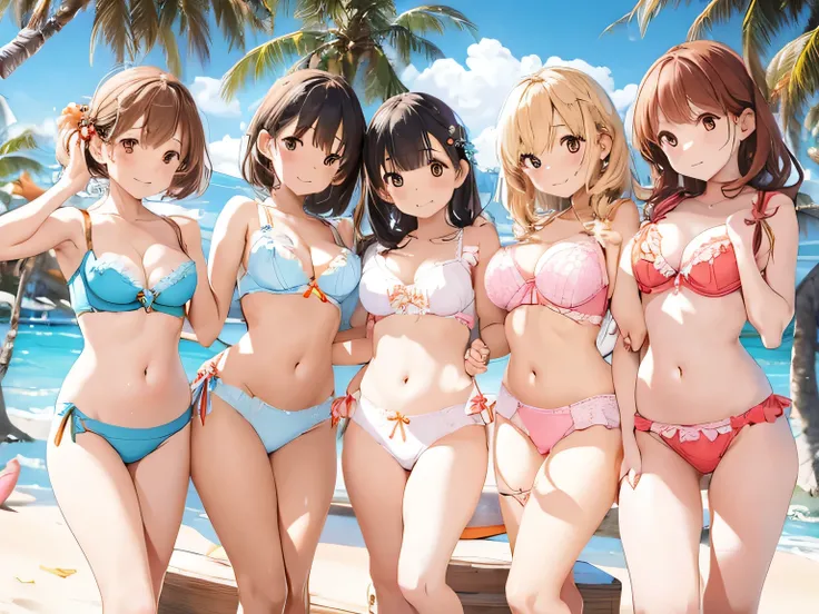 Four busty sisters in cute lingerie and cute bras、Cute white bra with ribbon、White and light blue checkered bra、Cute orange bra、White underwear with cute ribbon、White and light blue striped pants、Cute orange underwear、Sandy Beach, Calm, Clear sea and blue ...