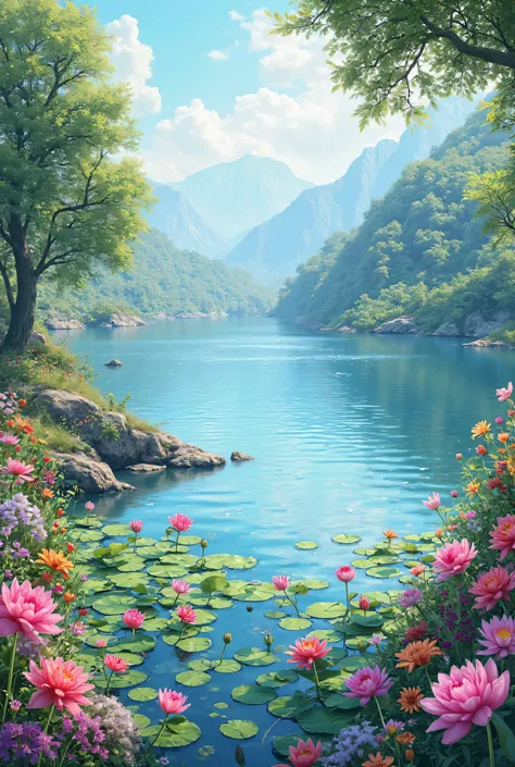 A lake with lots of flowers