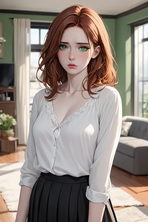 (masterpiece, best quality, 8k, high definition), whole body, woman, neck-length auburn hair, mid-chest, soft green eyes, soft lips, pale skin, beautiful face, wearing white blouse and black skirt, natural light, detailed background, Detailed Illustration ...