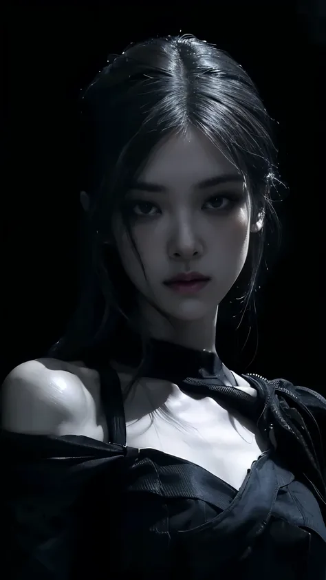 (best quality, highres:1.2), realistic, black dress, black hair, dark theme, black background, dark ninja, intense gaze, elegant posture, flowing dress, detailed facial features, long eyelashes, contrast, fine details, dramatic atmosphere, gothic style, in...