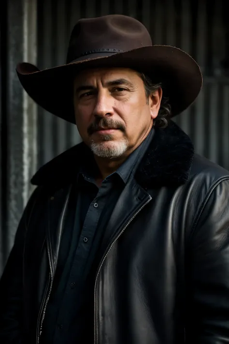 (photorealism:1.2), Shady portrait of J.  Mendes, a middle-aged man with a cold look and an impassive expression, wearing a frayed leather hat and a dark coat.  His face is marked by deep wrinkles , revealing years of godlessness and greed. Behind him, His...