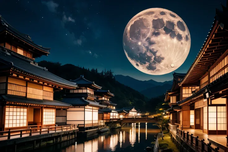 Japanese houses under the full moon and moonlight, popular on ArtStation, ukiyo-e, Japanese art style, Japanese art, Japanese art art, Japan at Night, traditional Japanese art, old Japanese art, Anime Background Art, 4k very detailed art, background ar...