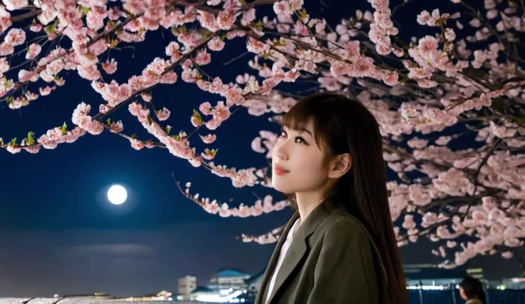 Japanese woman looking at cherry blossoms and the moon at night