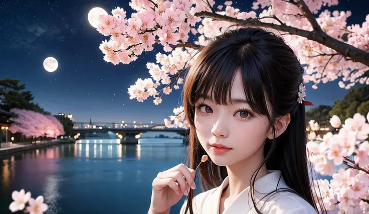 Japanese woman looking at cherry blossoms and the moon at night