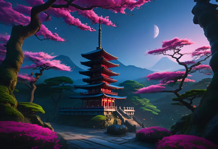 arafed pagoda in the middle of a forest with pink flowers, a matte painting inspired by Andreas Rocha, trending on Artstation, fantasy art, digital painting of a pagoda, japanese fantasy, japonisme 3 d 8 k ultra detailed, japan at night, japanese city, jap...