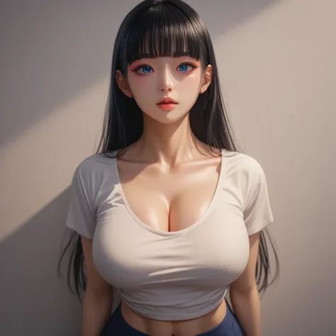  black hair、  top quality、  Masterpiece、(  professional lighting )、  surreal、 (Nipples:0.4), enchanting、  shape up 、 1 girl with Korean makeup, ( from above,  upper body,  Watch Viewers ), ( slightly larger breasts, midriff peek ), (  oily skin ), ( bright...