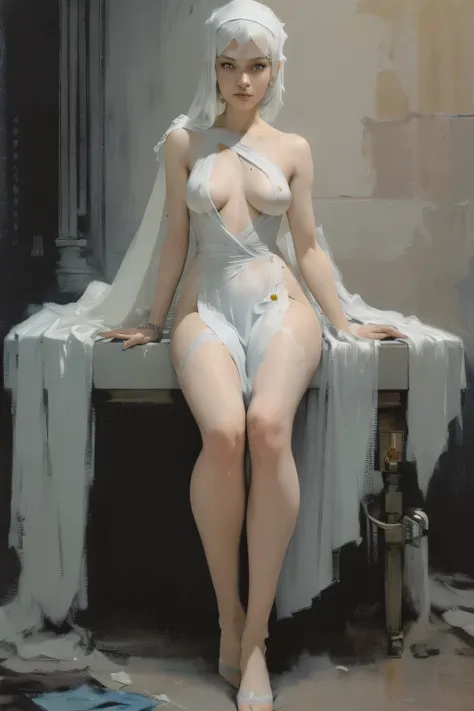 full body, (android woman), Cara Delavigne , pale skin, "short sleek white edgy hair and bangs", (light blue linen wrapping body sci fi), cyberpunk, Columbia goddess, art deco maiden, sci-fi, Luis Ricardo Falero painting, edgy painting, masterpiece, (small...