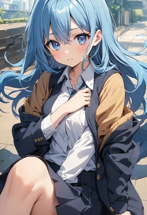 Anime girl with blue hair and blue eyes wearing school uniform