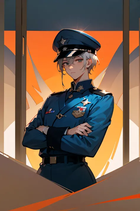 16K resolution，male people，Chinese Air Force，2021 Style Air Force Outfits，Two horizontal bars and a star on the shoulderace exposed to the sun，Stand on a high platform，Wearing a military cap，There  a shining August 1st badge hanging on it，Looking sideways ...