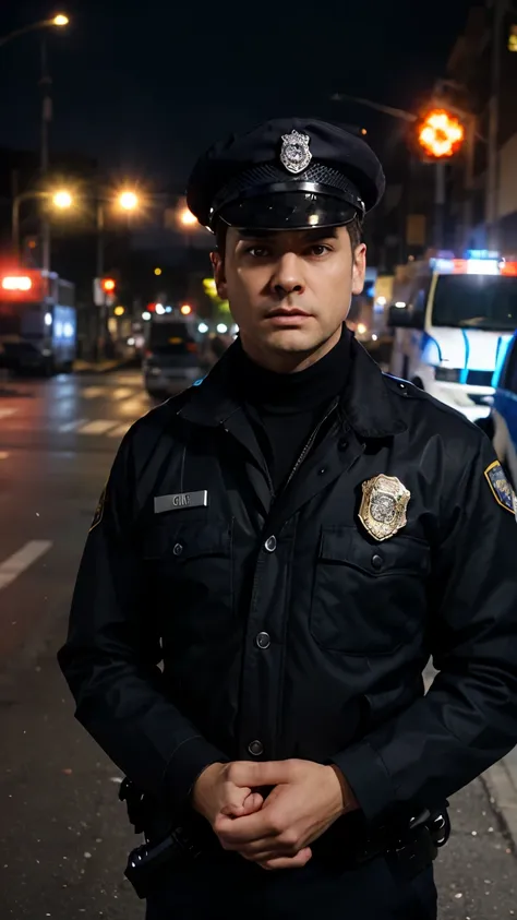 "A Roblox character in a police officer uniform standing nervously in front of a police car. The city around him is in chaos with flashing red and blue lights. Helicopters are flying in the sky, and cars are being flung into the air. In the background, pol...