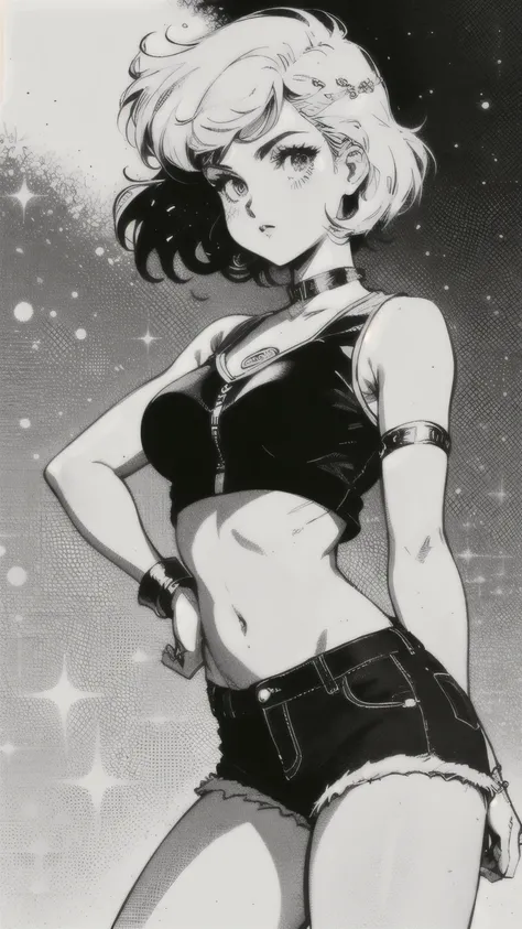 A beautiful girl, short shorts, cropped top, retro anime, black and white