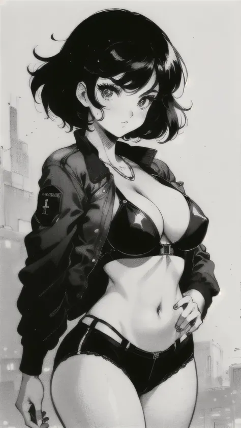 A beautiful girl with short black hair, in bra and pantie, jacket, retro anime, black and white