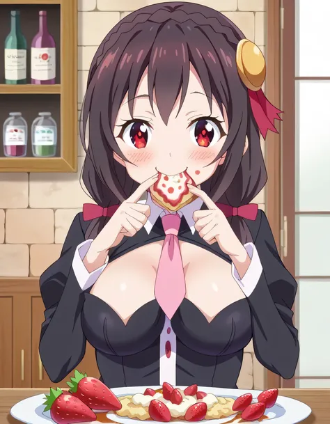 HD,high quality、 
Yunyun、 black hair, hair accessories to refine your face,  red eyes,   Long Sleeve,  tie,   Outfit Cutout, cleavage cutout, pink  tie、 view viewer、(blush)、( happy smile)、(Cafe)、 eye brace、(I'm eating a big strawberry:1.3)、 upper body only