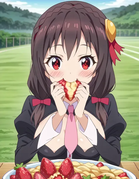 HD,high quality、 
Yunyun、 black hair, hair accessories to refine your face,  red eyes,   Long Sleeve,  tie,   Outfit Cutout, cleavage cutout, pink  tie、 view viewer、(blush)、( happy smile)、(In the strawberry field)、 eye brace、(I'm eating a big strawberry:1....