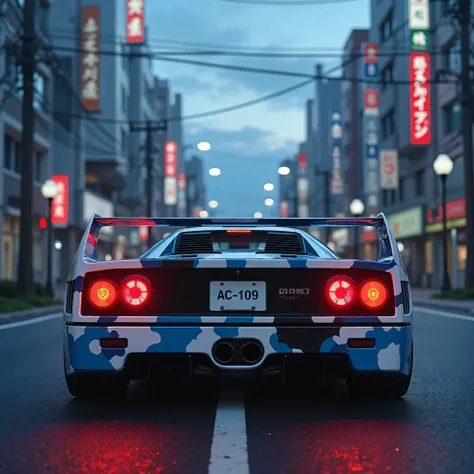 an anime scene with a cinematic angle of the back of a white Ferrari f40 with intense blue and black military camouflage with black wheels with very bright red rear lights with a black license plate with white letters that says AC_109 standing in the cente...