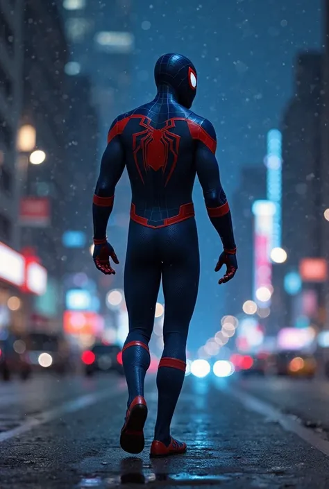 Dark blue Spider-Man walking through the city at night、