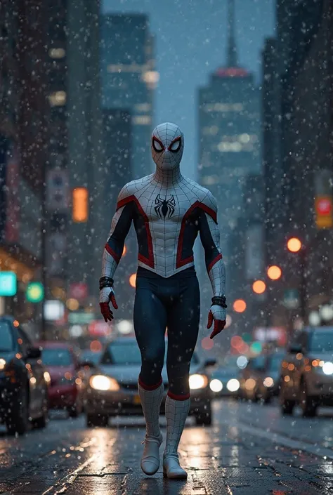 White Spider-Man walking through the city at night、