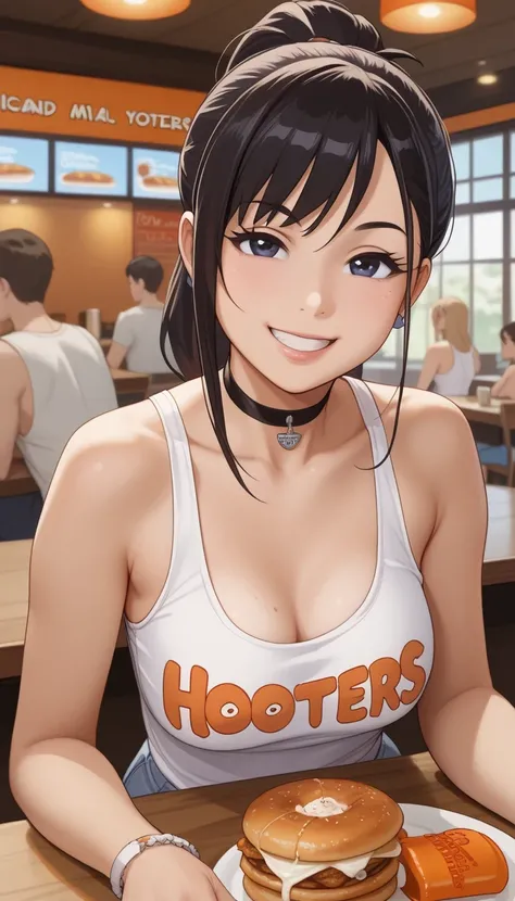  score_9,  score_8_up,  score_7_up,  source_  anime、TOP QUALITY、8k、 masterpiece、Ultra High Definition、 natural light、perfect anatomy、 one woman、 small tits、saggy breasts、Okuzumi Yuiko、 dark hair、Baby Face:1.2、smile、fun、fine、( hooters girl )、Cafe、 stand and...