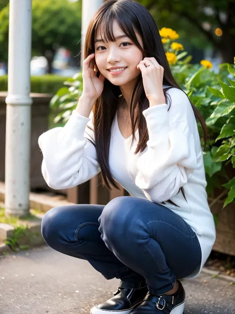 (Best-quality, Masterpiece, Ultra-High-Resolution, (Photorealistic:1.4), Raw Photo), (1girl, (15-years-old, the most famous Japanese idol), ((squatting)), looking at viewer, ((innocent smile)), (wearing most fashionable outfits, (most adorable dress with l...