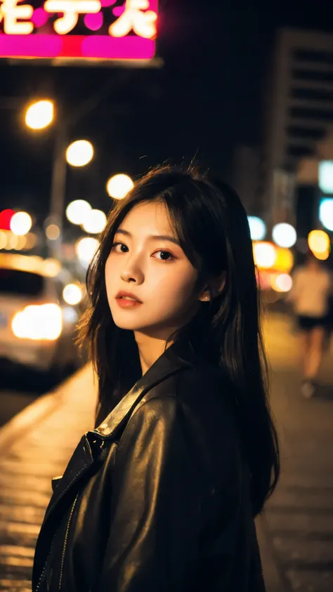 (  cinematic aesthetic :1.4)  photo of a beautiful Korean fashion model,  city night blur 