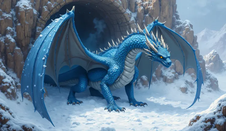 8k, super high quality Oil painting of a beautiful female blue dragon in full growth coming out of a cave in a rock, there is a lot of snow around, and snow is falling from the sky. The dragon is far away from the camera. Artistic fantasy style. Top-down v...