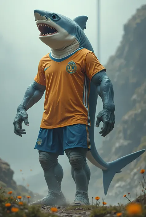 Fait des pieds avec un corps de requin et un maillot de foot 