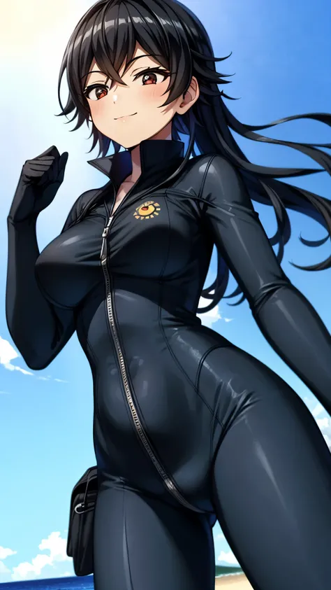 （super high quality,Ultra High Definition,16k,super masterpiece,Ultra HD , detailed shading and background,） upper body shot from below, one girl,long black hair,blue wetsuit, Chest Valley,smile,The sea where you can see the blue sky and the sun,