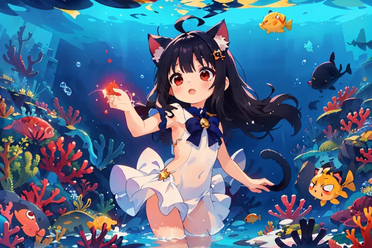 sirensmt, fancy art, luz de luna, (The Little siren),  (,(((, cat ears)), (red eyes), ( long hair ), (( black hair, (Ahoge), straight bangs,)), ), mystery的な光, Swim, fancy, Marine life, mystery的な景色, vibrant colors,  deep sea , coral, Reflection of light,  c...