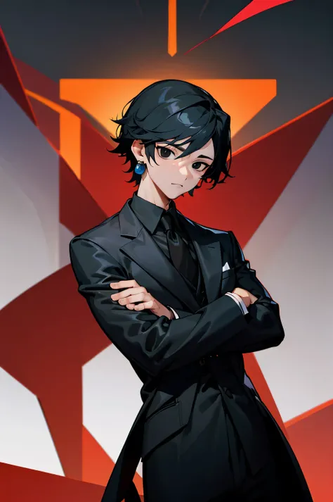 Young , male, earings, Black suit, arms crossed, black hair, black eyes,