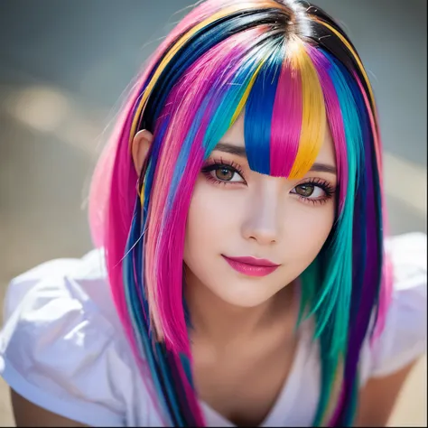 high quality, realistic、high definition, realistic、8k、masterpiece, exhaustive.Impressive、Alone、Supporters、 Supporters 、 cutting-edge photo portrait of a woman、Expression of happiness、The way you look at someone you love、 yellow、 pink, and purple, (( her ...