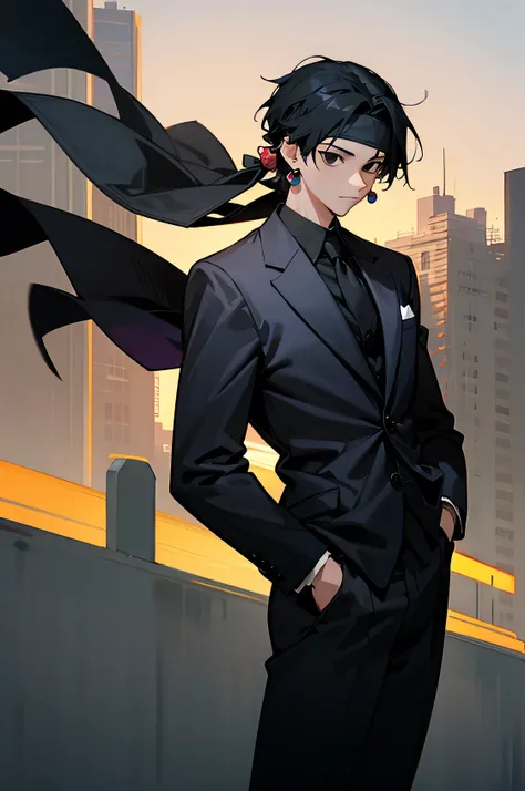 Young , male, earings, Black suit, hands in pocket, black hair, black eyes, city background,headband,